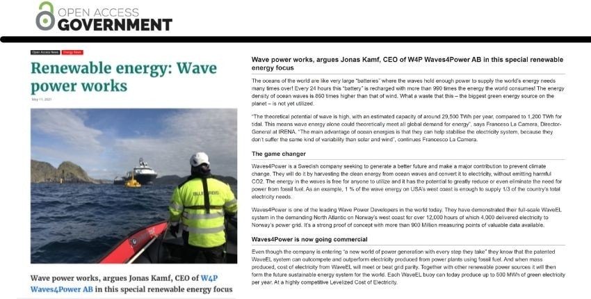 Open Access Government Covers W4P, Future of Renewable Wave Energy